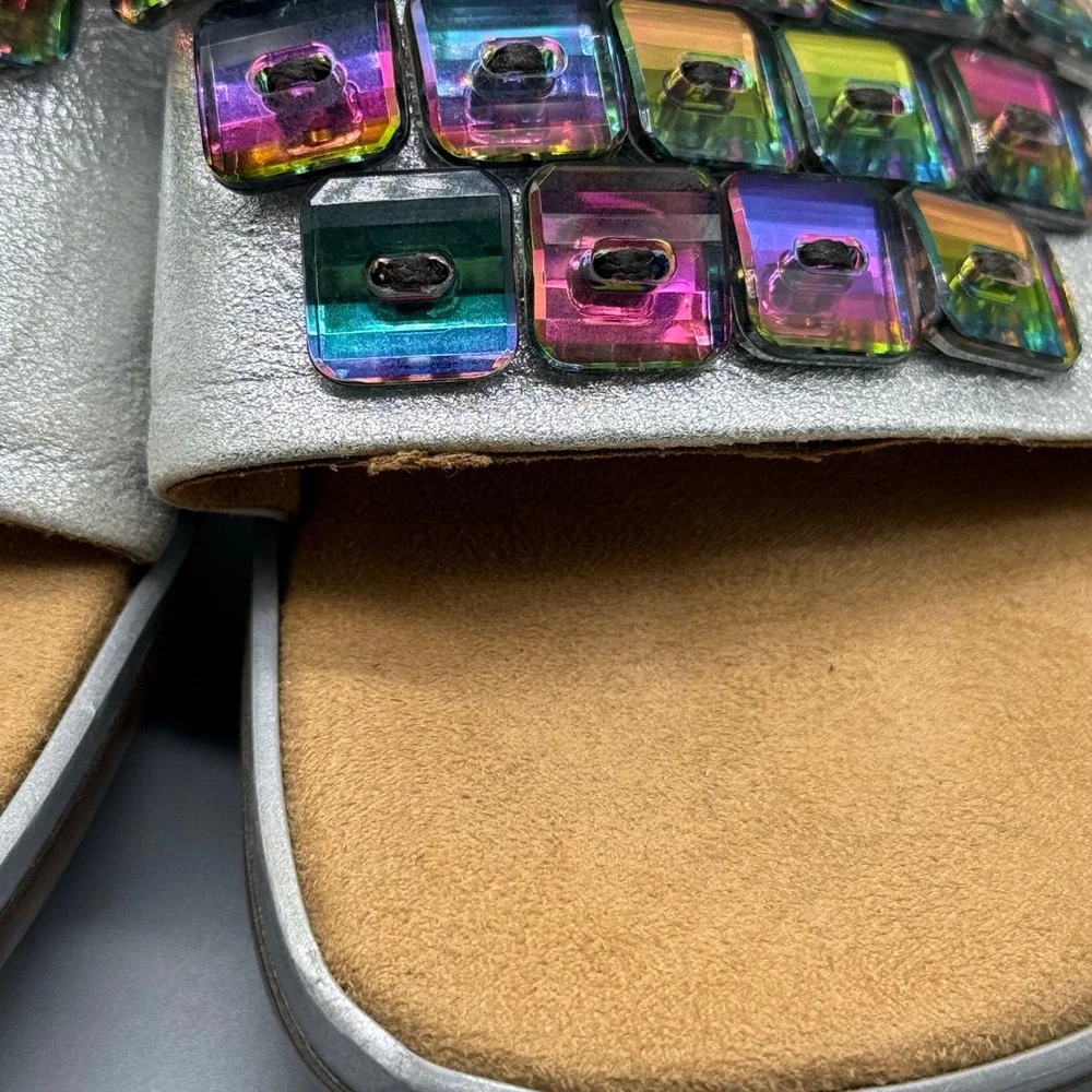 Y2K Sesto Meucci‎ Mens Silver Metallic Rainbow Gemstone Wedge Slide Sandals 6.5M